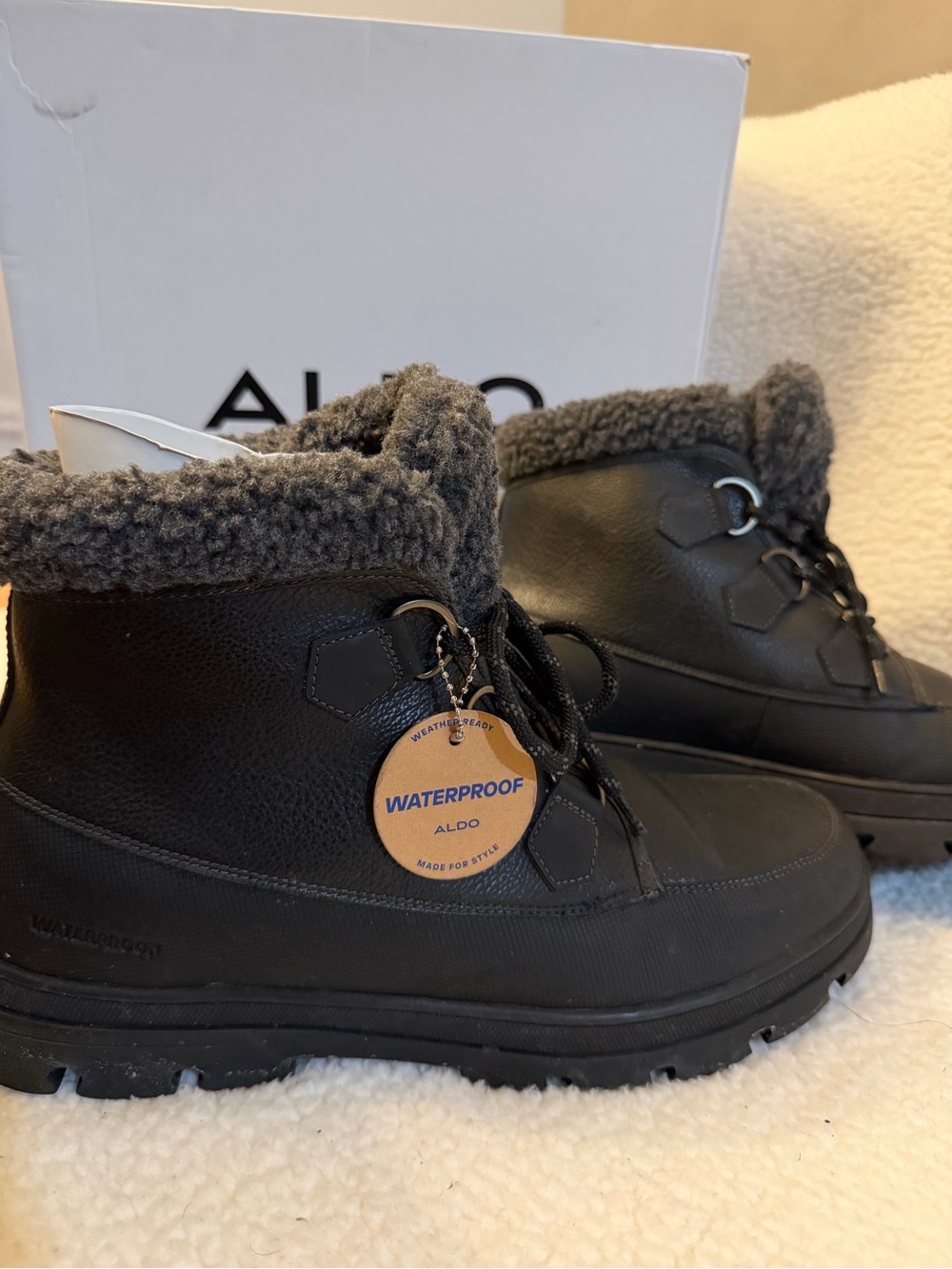 Aldo Black Faux-Shearling Waterproof Ankle Boots